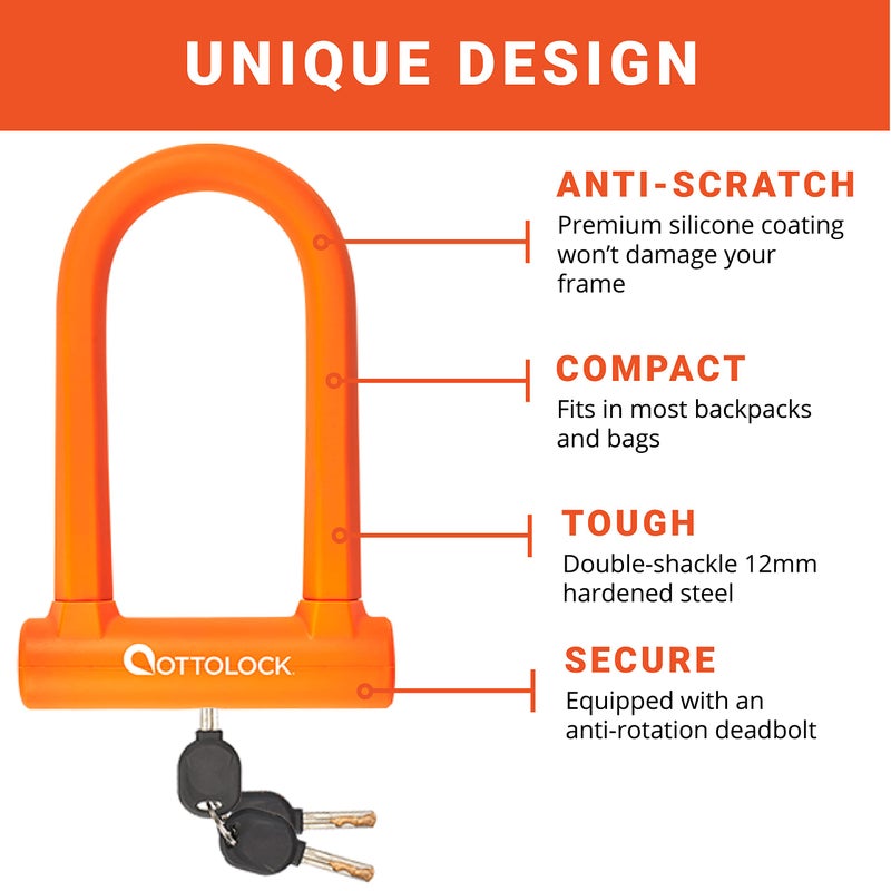 OTTOLOCK Sidekick Compact U-Lock - Heavy Duty Anti Theft Bicycle U-Lock with Keys, Silicone-Coated, Bike Accessories, Orange - Image 4